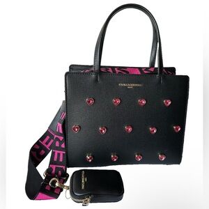 KARL LAGERFELD - Maybelle Satchel - Black Faux Leather with Pink Heart Accents
